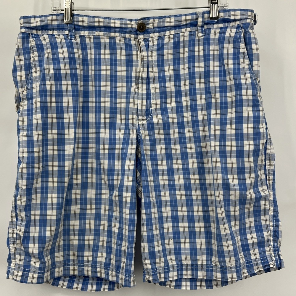 IZOD Plaid Shorts Casual Flat Front Pockets Blue White Cotton Mens 38 Golf‎ Prep